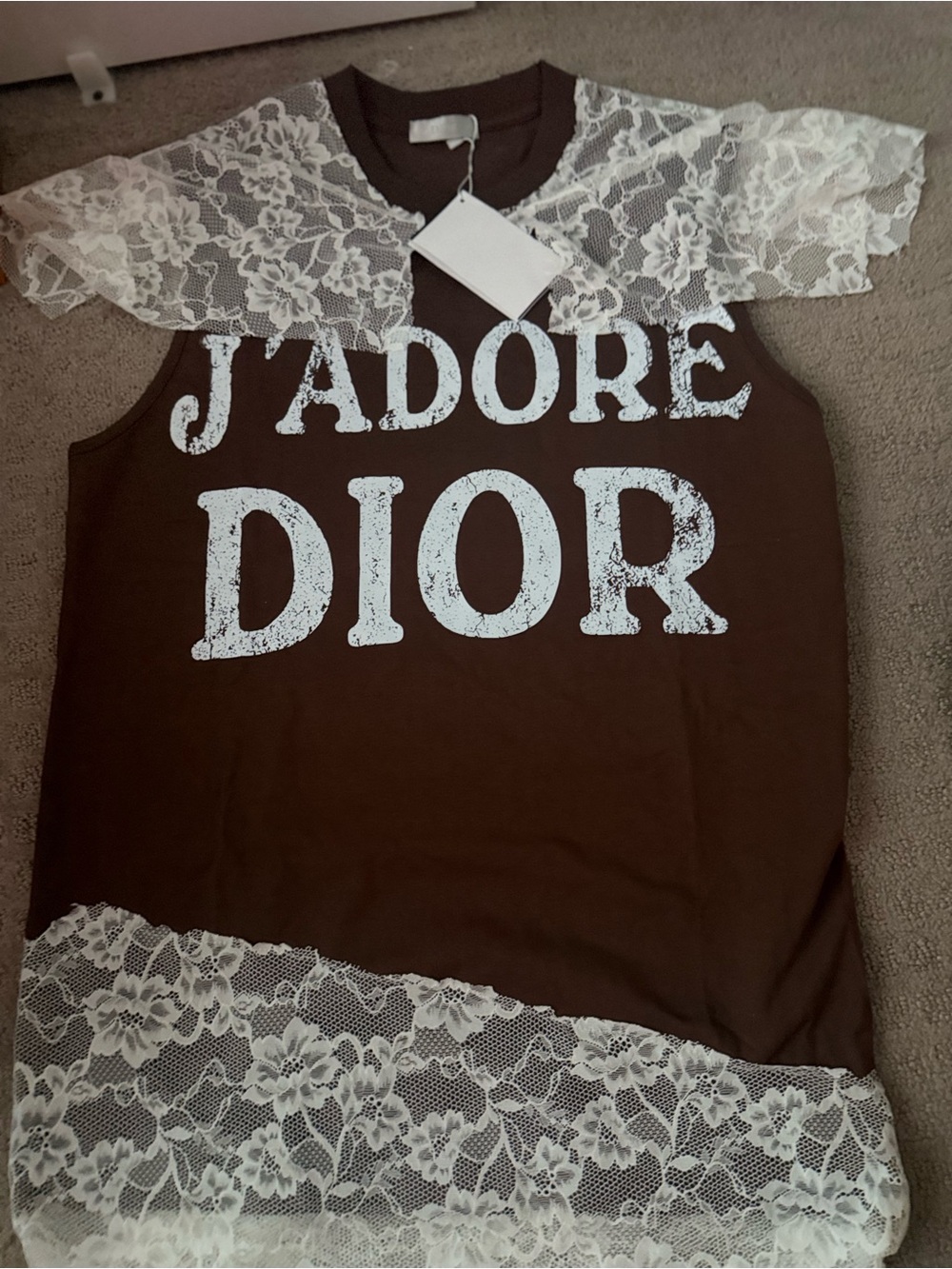 Dior Brown Tank Top with White Lace Trim and J'ADORE DIOR Print